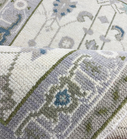 Vintage Oushak Rug, Hand Knotted Wool Rug, Blue Green Floral Rug, Ivory Turkish Rug, Traditional Persian Style Area Carpet