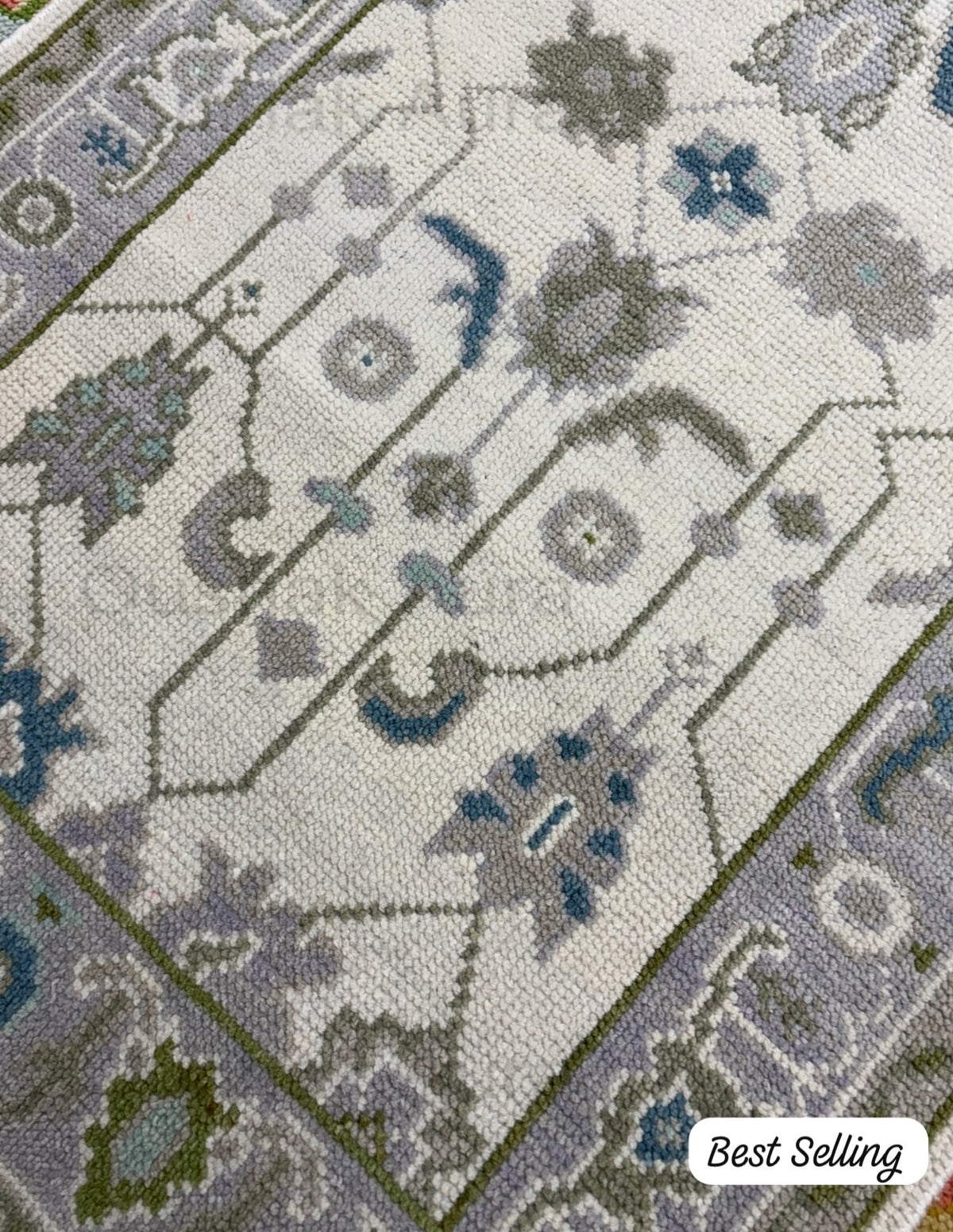Vintage Oushak Rug, Hand Knotted Wool Rug, Blue Green Floral Rug, Ivory Turkish Rug, Traditional Persian Style Area Carpet