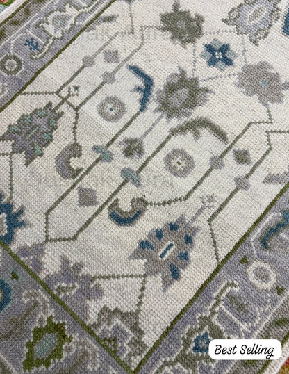 Vintage Oushak Rug, Hand Knotted Wool Rug, Blue Green Floral Rug, Ivory Turkish Rug, Traditional Persian Style Area Carpet