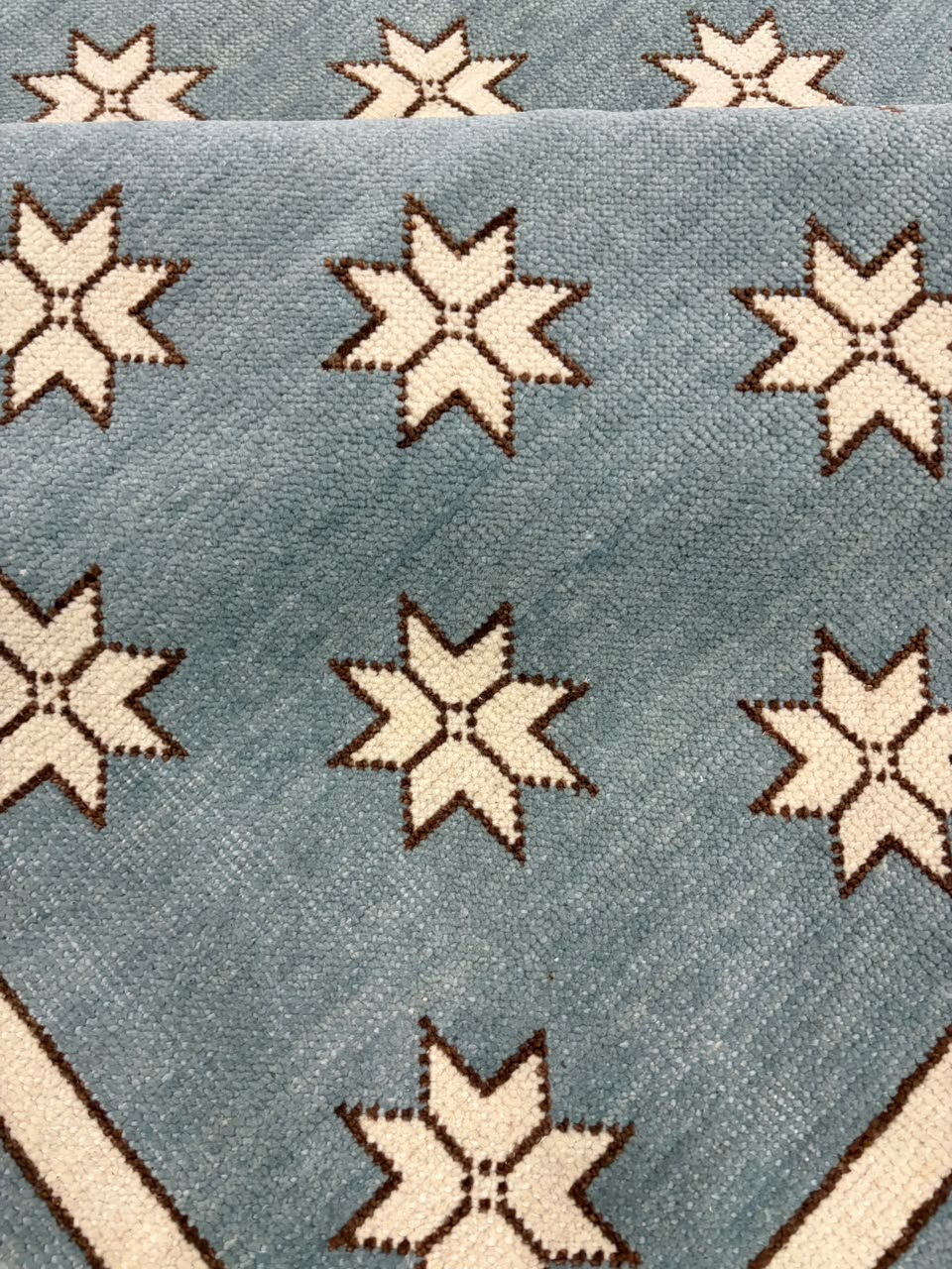 Blue Star Pattern Wool Rug, Handmade Geometric Area Rug, Ivory Stars on Dusty Blue, Modern Scandinavian Floor Carpet