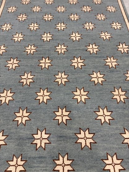 Blue Star Pattern Wool Rug, Handmade Geometric Area Rug, Ivory Stars on Dusty Blue, Modern Scandinavian Floor Carpet