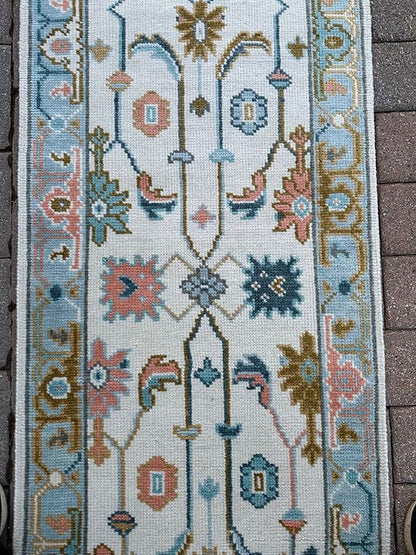 Front view of a premium handmade wool hallway runner with traditional Oushak-inspired motifs.