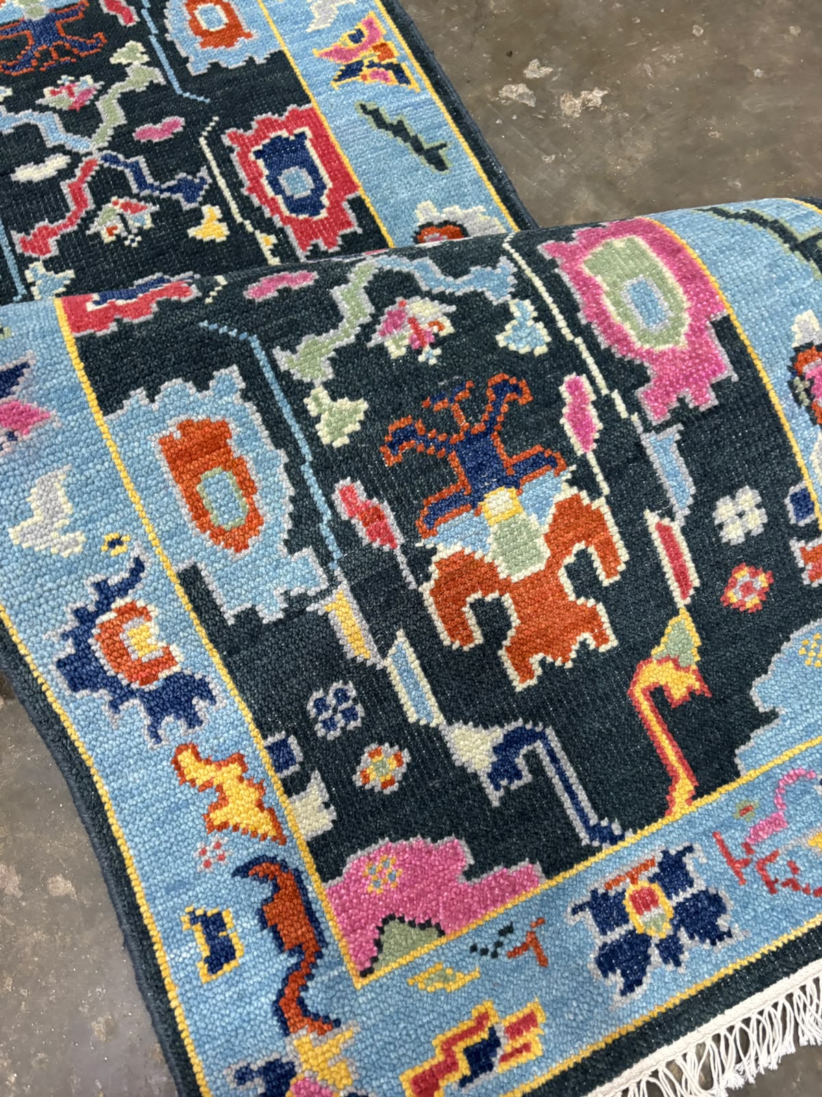 Black & Sky Blue Oushak Runner Rug