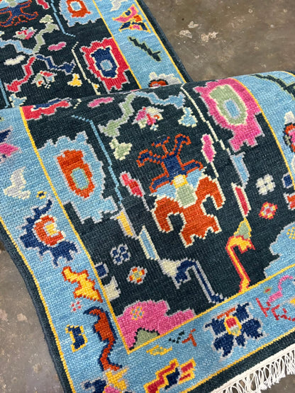 Black & Sky Blue Oushak Runner Rug