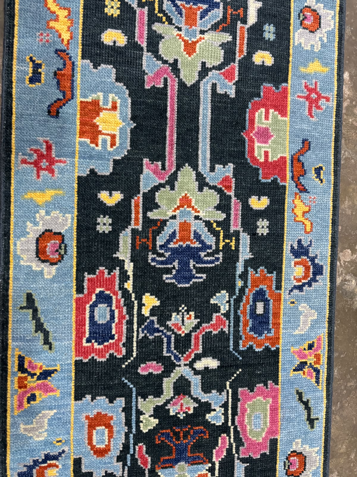 Black & Sky Blue Oushak Runner Rug