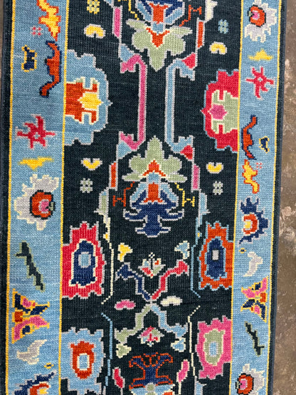 Black & Sky Blue Oushak Runner Rug