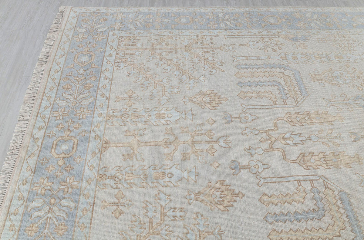 Blue beige traditional runner rug with floral geometric pattern detail