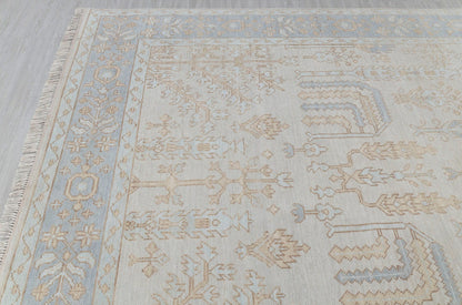 Blue beige traditional runner rug with floral geometric pattern detail