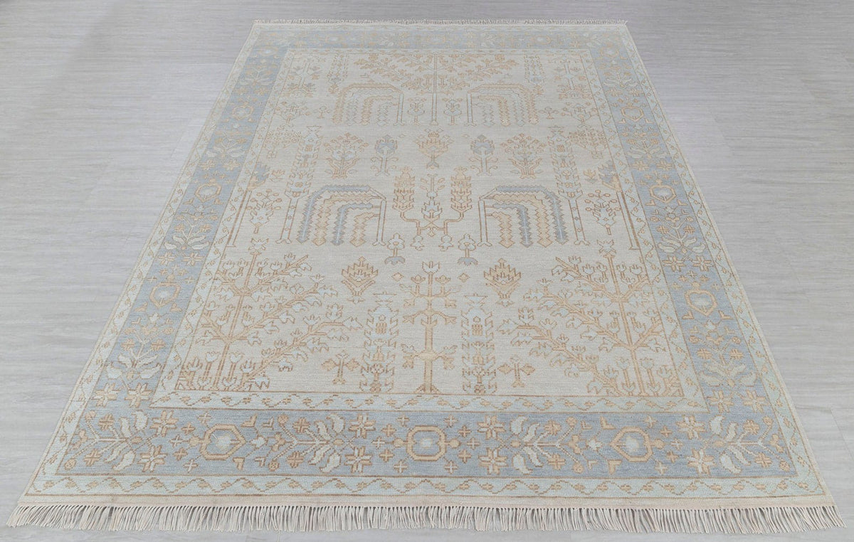 Blue beige traditional runner rug full view with ornate floral border