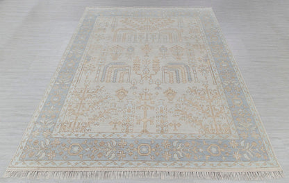 Blue beige traditional runner rug full view with ornate floral border