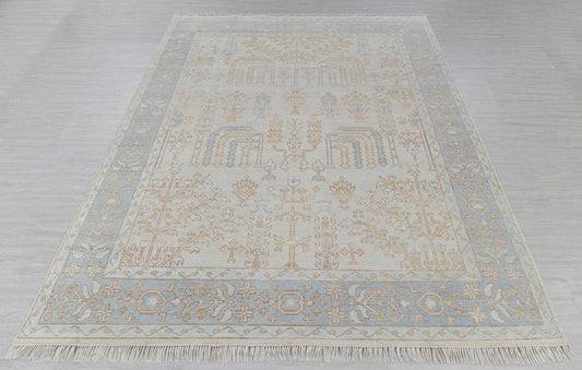 Blue beige traditional runner rug full view with ornate floral border