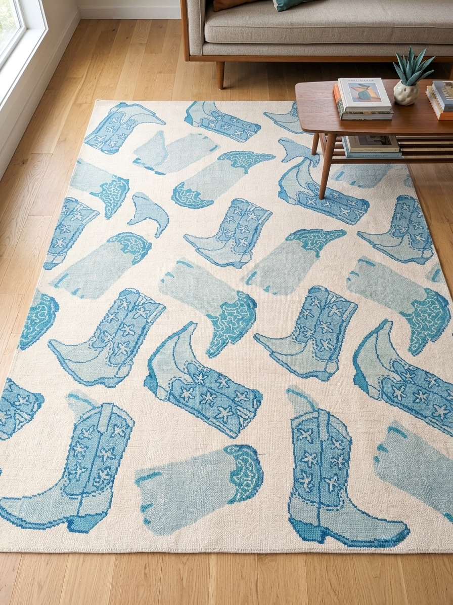Blue cowboy boot area rug with ivory background styled in a modern living room