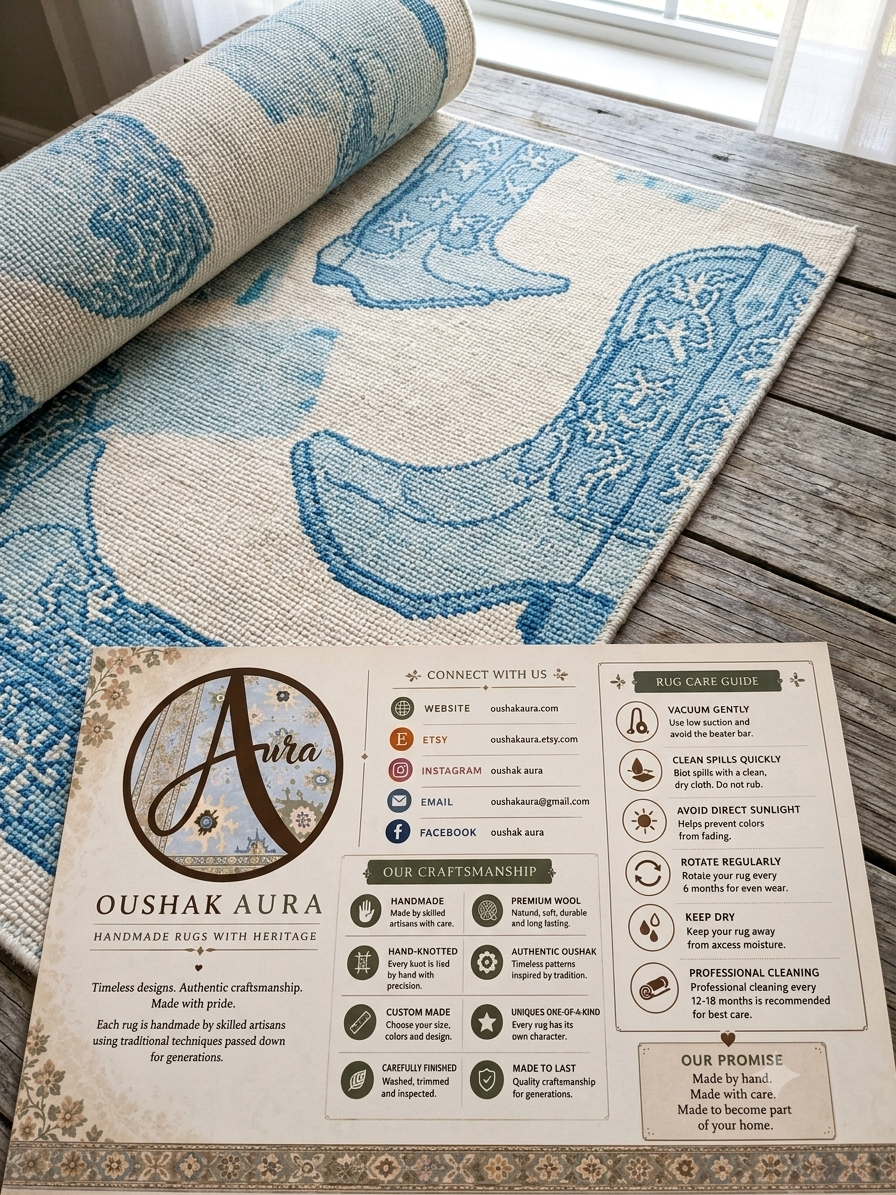 Blue cowboy boot Western area rug in ivory with a handmade textured design