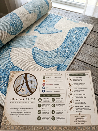 Blue cowboy boot Western area rug in ivory with a handmade textured design