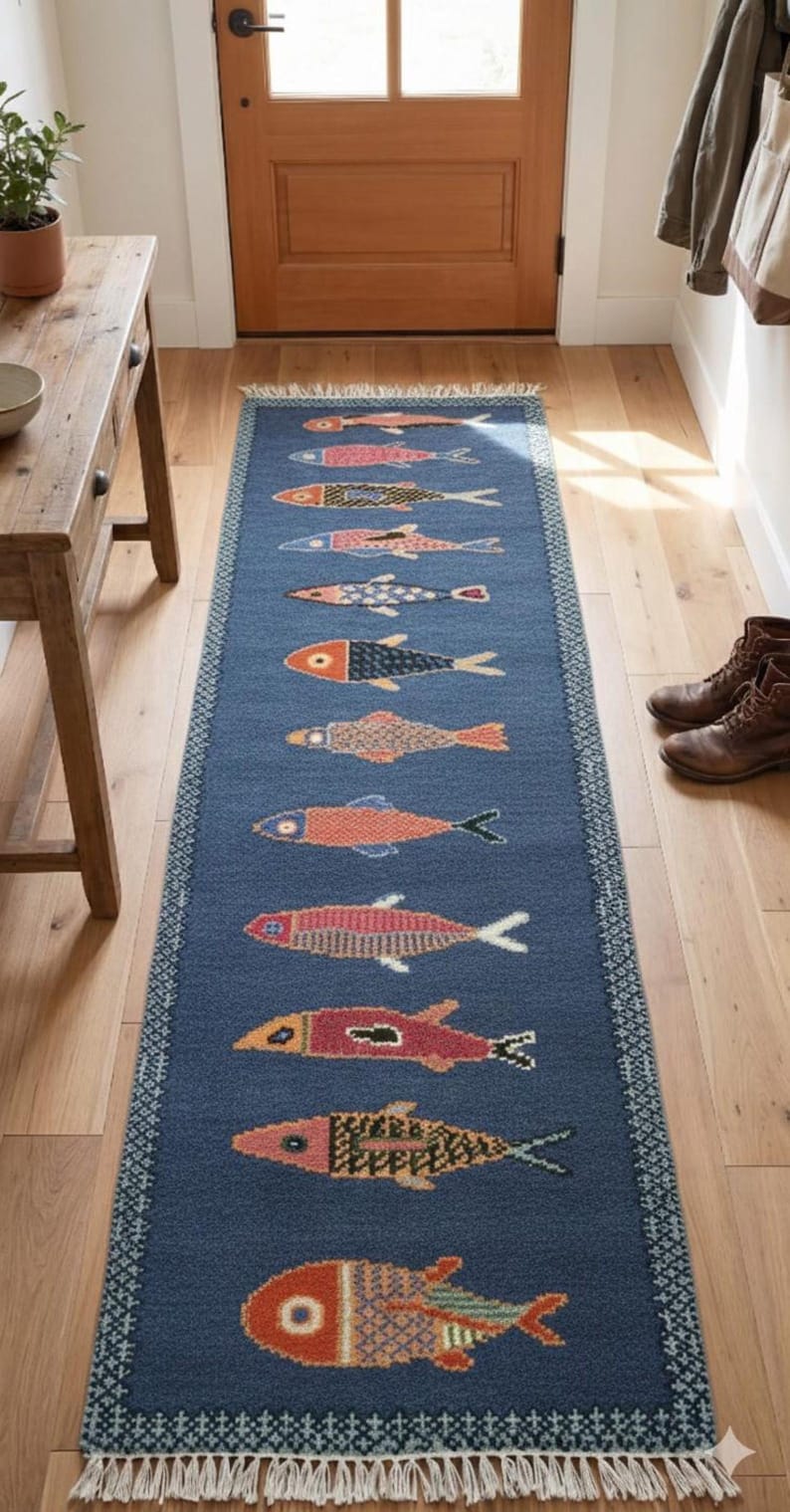 Blue fish runner rug styled in entryway hallway interior