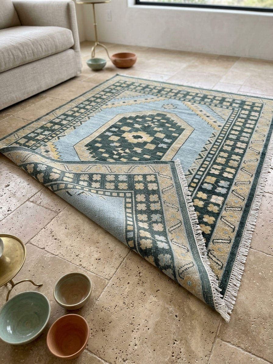 Close-up folded corner of handmade blue Oushak wool rug showing medium pile, premium craftsmanship, soft texture, and traditional geometric border.