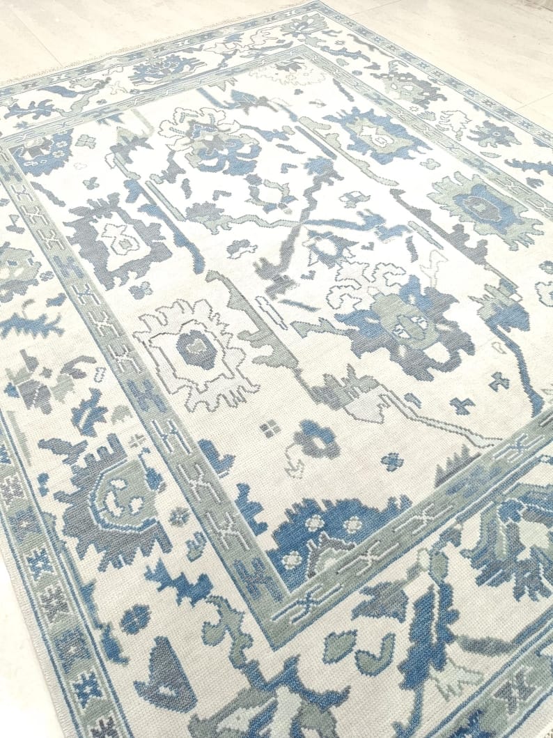 Blue Ivory Oushak Rug – Hand Tufted Floral Area Rug