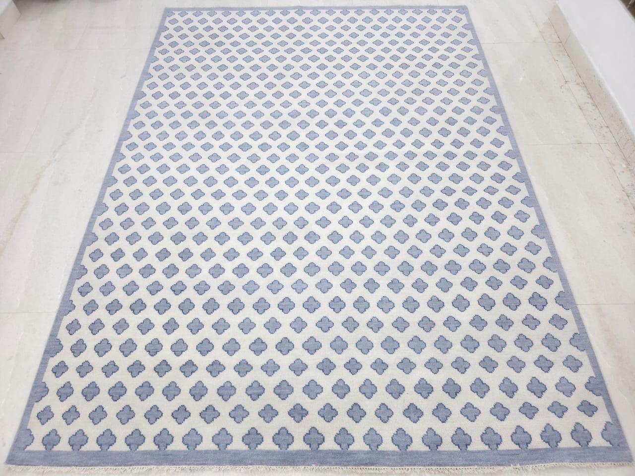 Blue and ivory flatweave Oushak wool rug handwoven by artisans