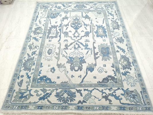 Blue Ivory Oushak Rug – Hand Tufted Floral Area Rug