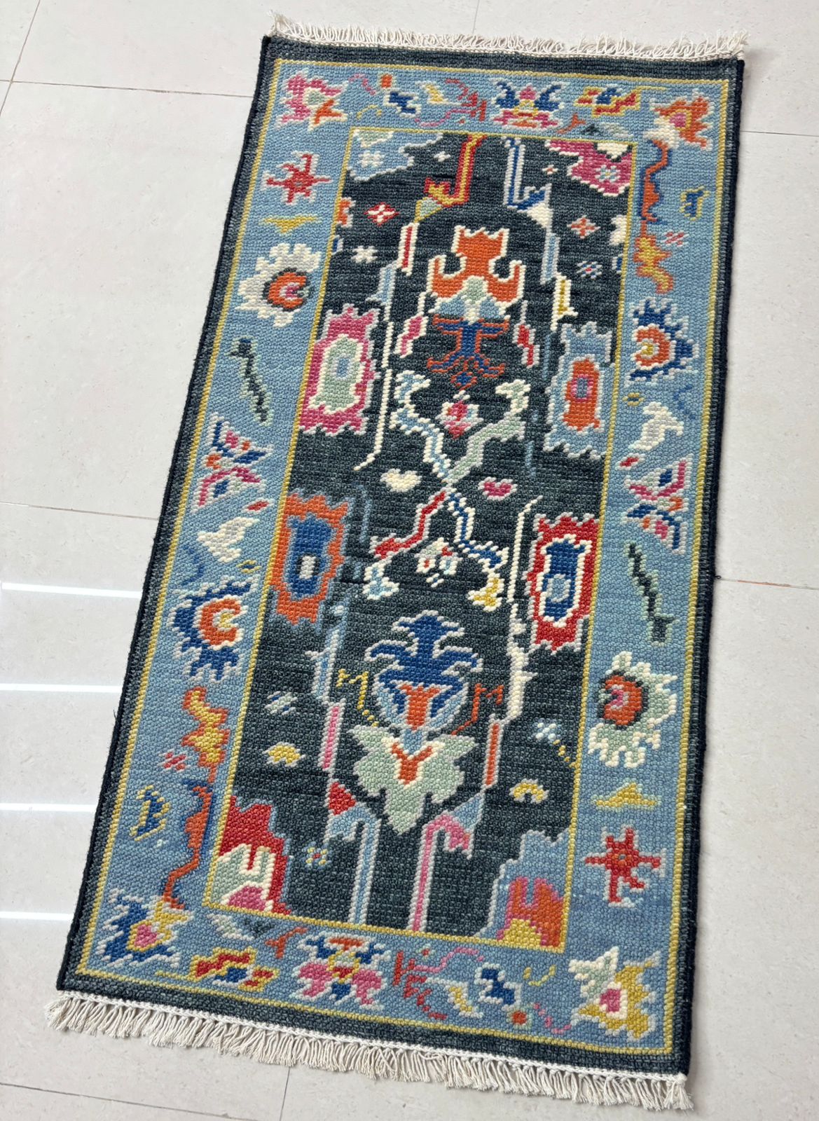 Hand-knotted Oushak runner rug in blue and charcoal with traditional geometric motifs, handmade wool rug