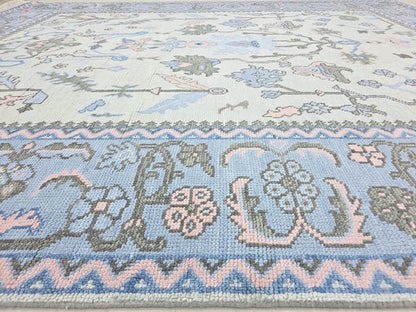 Blue traditional runnernshowing woven texture, floral pattern and folded corner