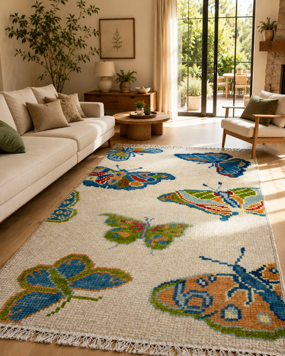 Handmade butterfly wool area rug in a bright modern living room with natural sunlight, colorful butterfly motifs, and artisan craftsmanship by Oushakaura.