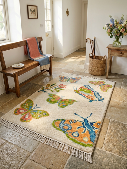 Handcrafted butterfly area rug in a farmhouse entryway featuring colorful butterfly motifs, wool texture, and premium artisan craftsmanship by Oushakaura.
