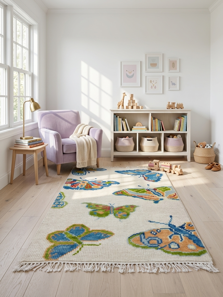 Colorful handmade butterfly rug in a children's playroom featuring soft wool pile, whimsical butterfly pattern, and artisan craftsmanship by Oushakaura.