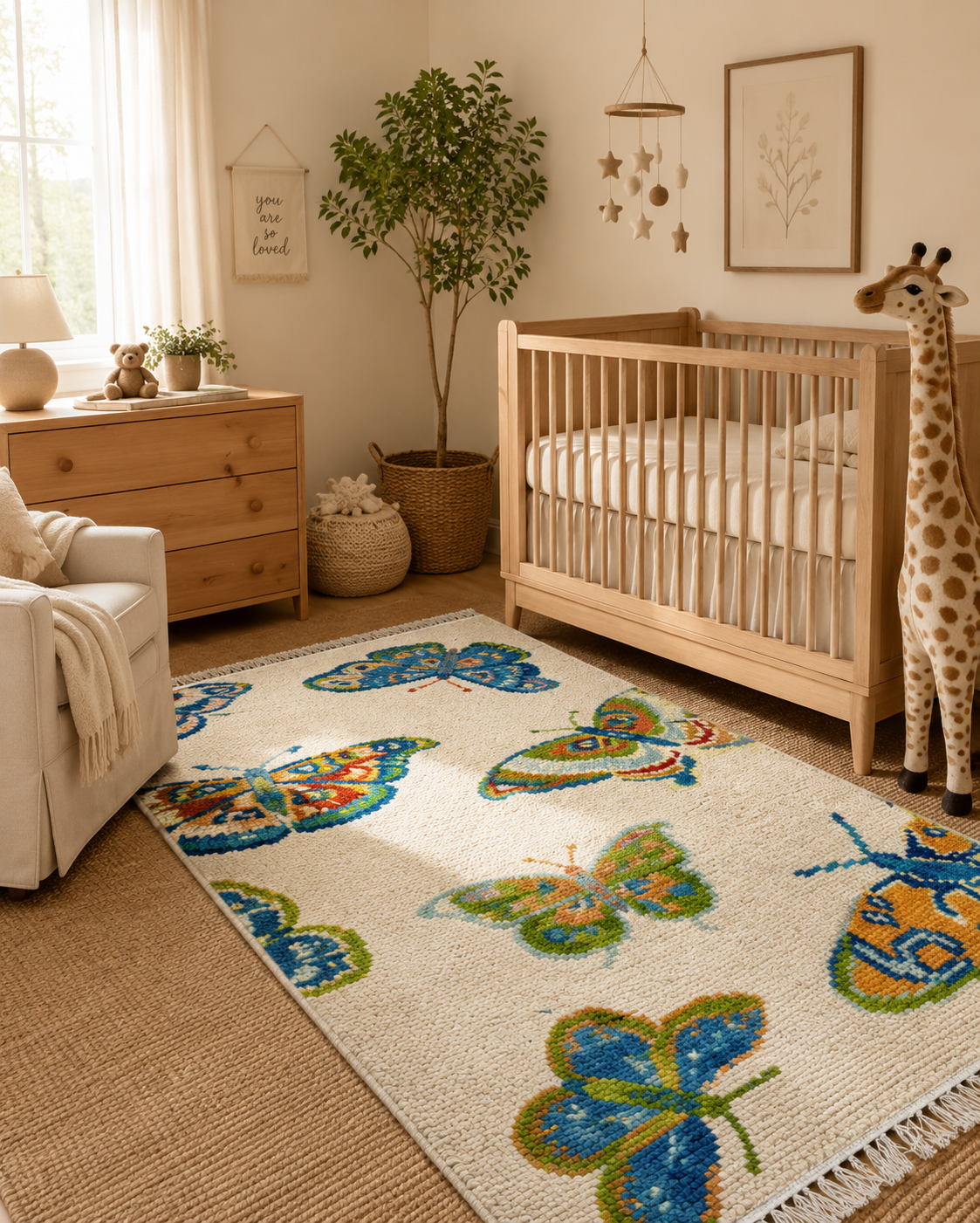 Handmade butterfly nursery rug in a cozy baby room with wooden crib, colorful butterfly design, soft wool texture, and artisan craftsmanship by Oushakaura.