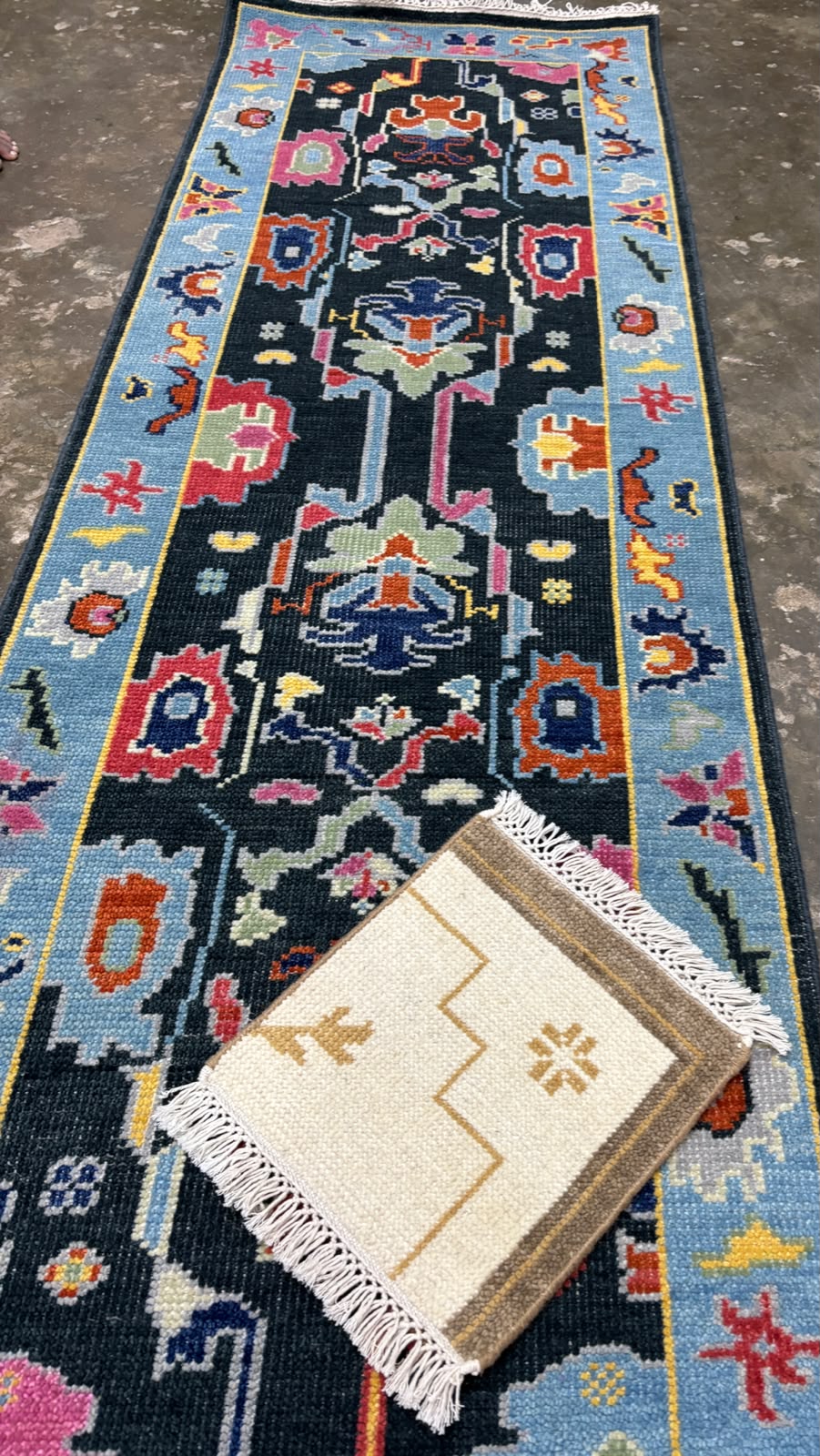 Black & Sky Blue Oushak Runner Rug