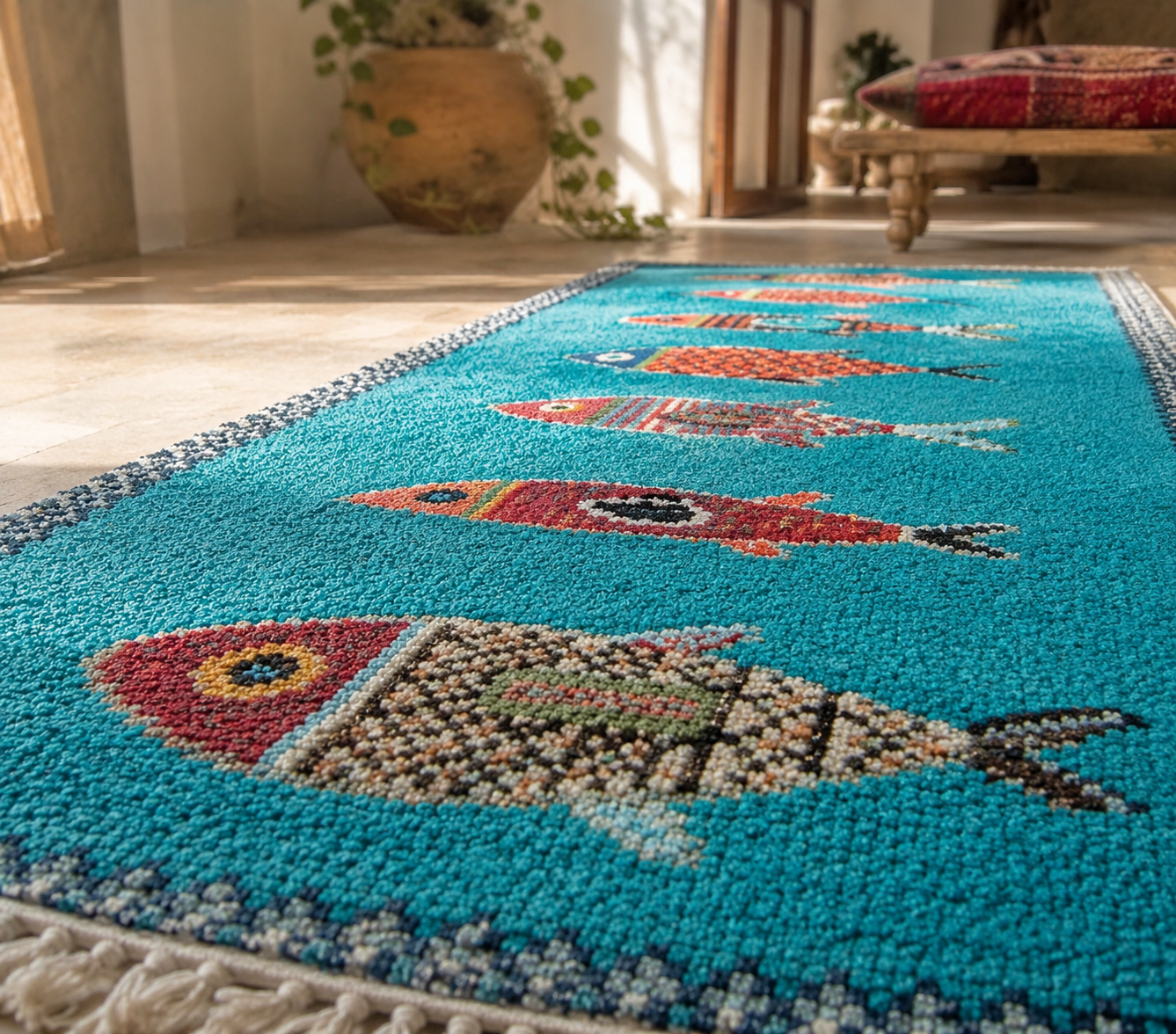 Close-up view of handmade turquoise fish runner rug with textured artisan weaving and colorful coastal fish patterns in natural sunlight
