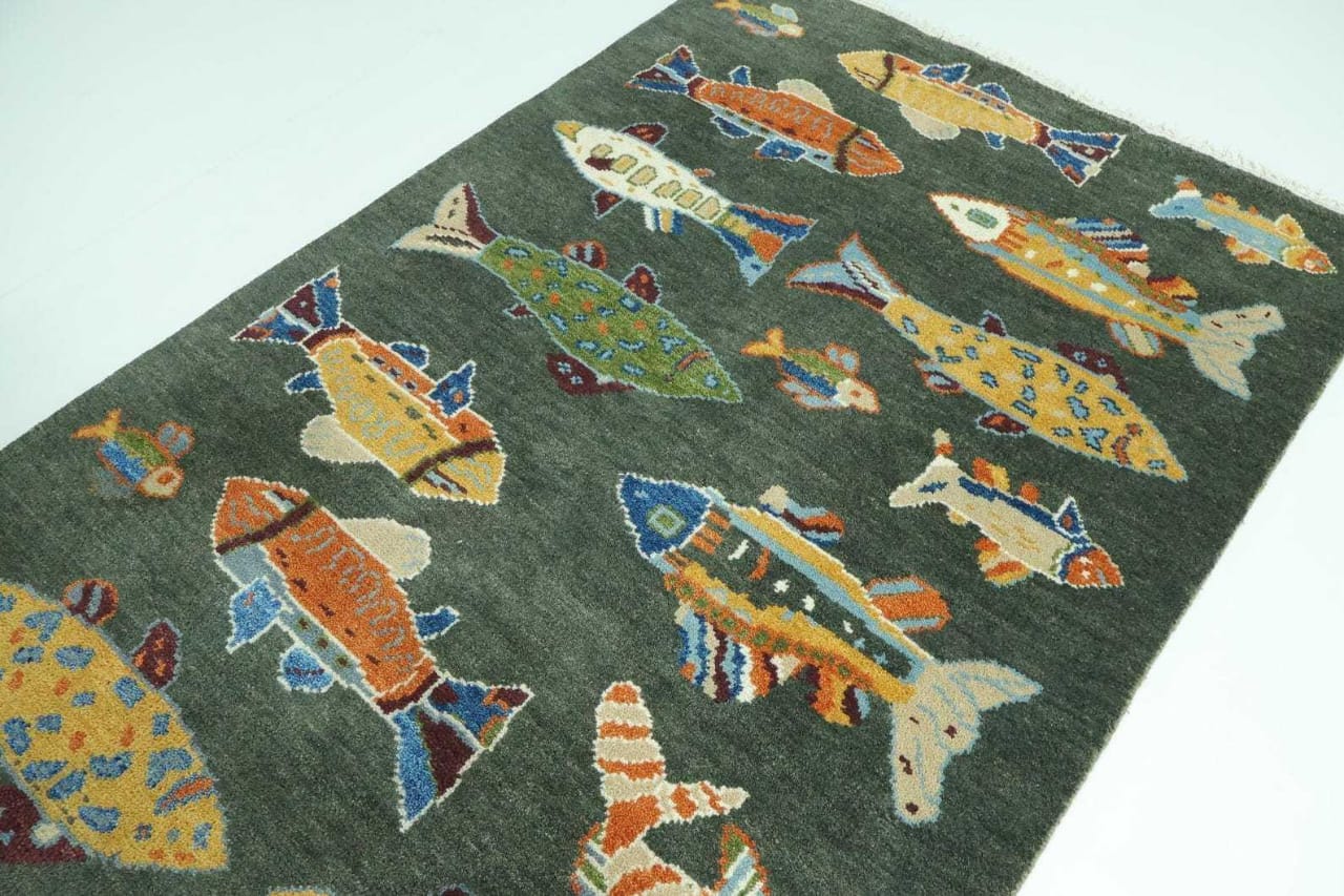 Green Fish Handmade Wool Rug