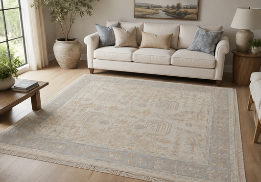Cream and blue vintage floral area rug styled in a neutral living room