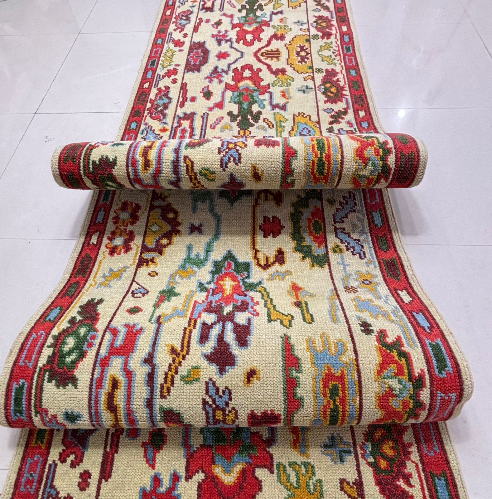 Handcrafted Oushak runner rug border close-up showing woven details