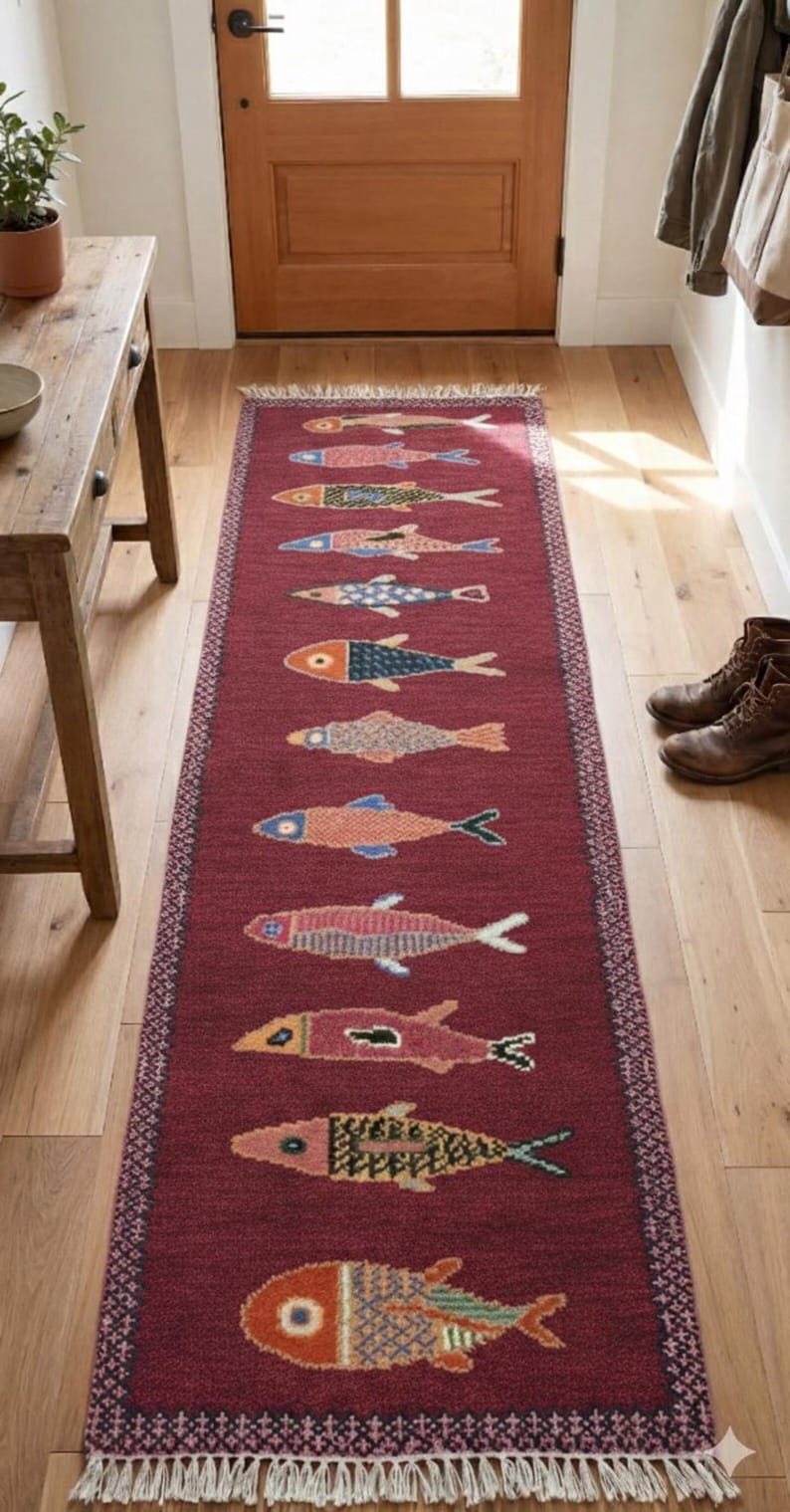 Handmade fish runner rug in deep red placed in a modern hallway, featuring colorful fish motifs and artisan craftsmanship.