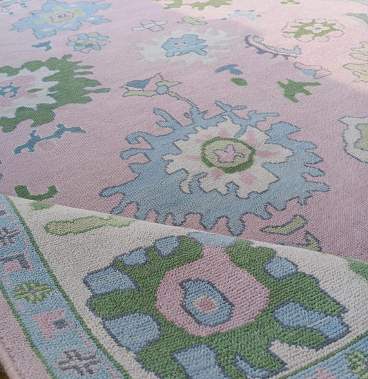 Pink Oushak Rug – Hand Tufted Wool Area Rug with Blue & Green Floral Design