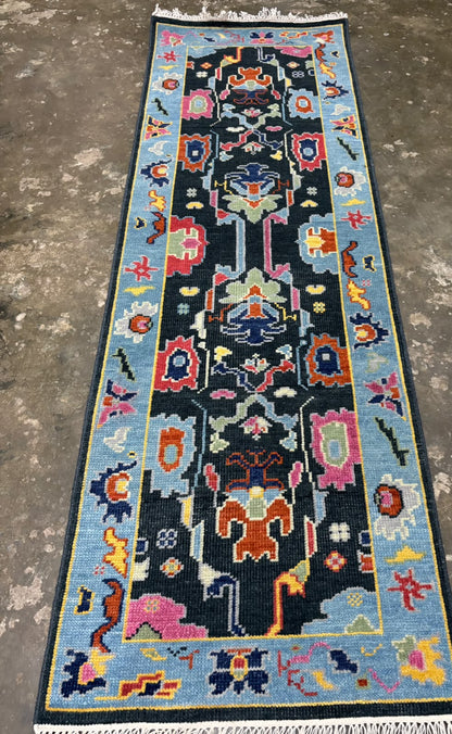 Black & Sky Blue Oushak Runner Rug