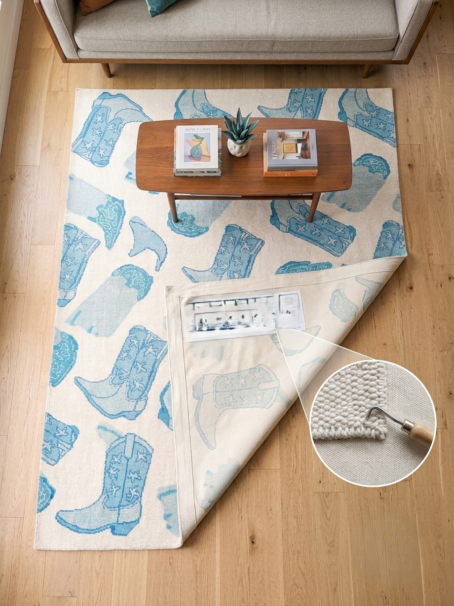 Handmade blue cowboy boot rug showing the underside, edge and woven rug construction