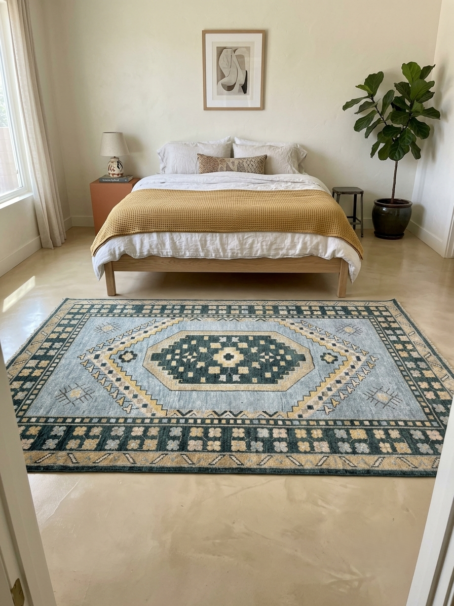 Handmade blue Oushak wool area rug styled in a modern bedroom with vintage Turkish geometric design, perfect for bedroom decor and luxury home interiors.