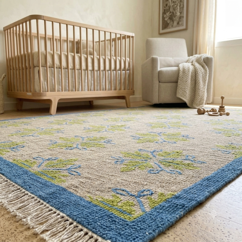 Soft handmade botanical wool nursery rug in ivory with sage green motifs and blue border for baby room décor