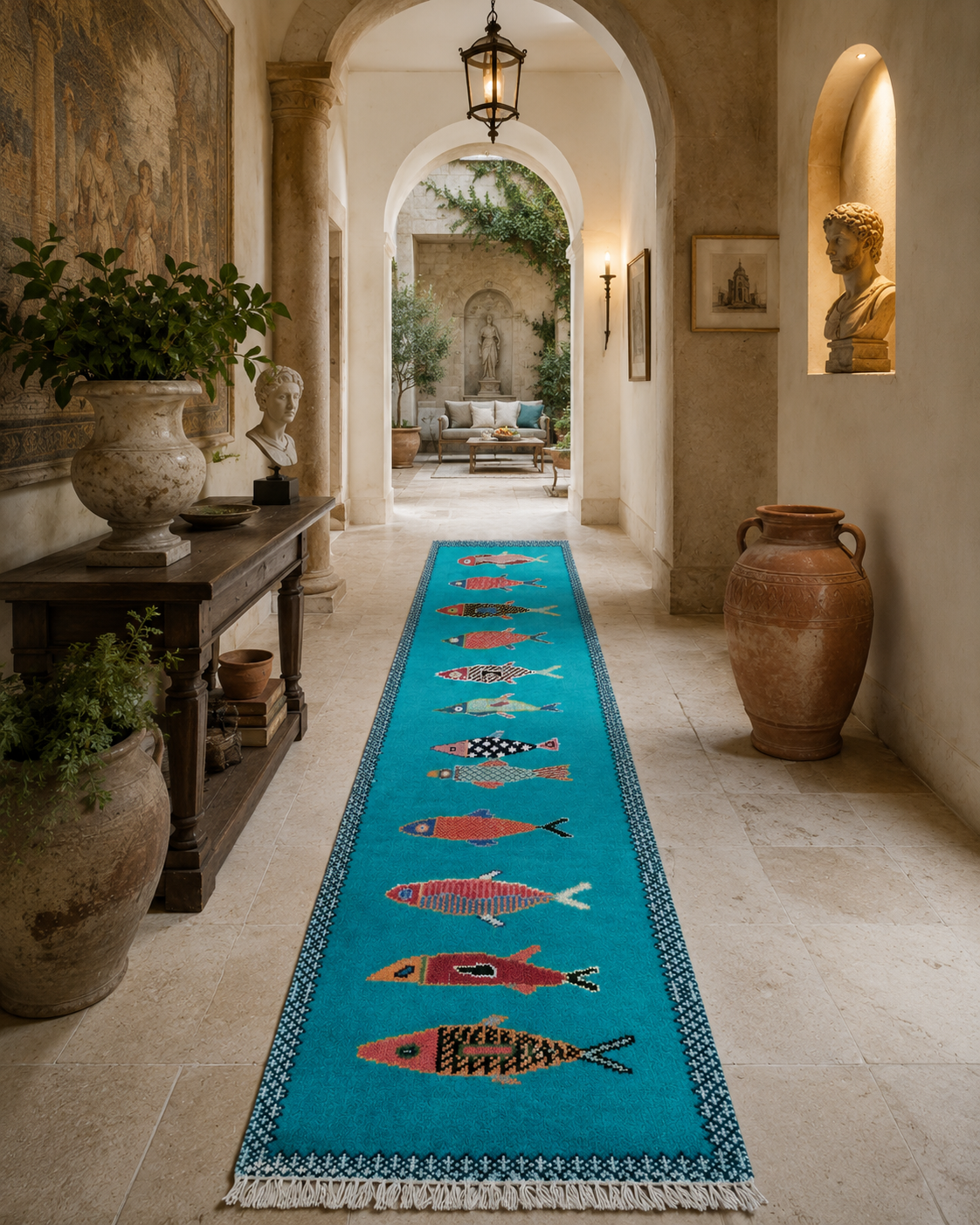 Long handmade turquoise fish runner rug styled in elegant Mediterranean entryway hallway with stone arches and coastal decor