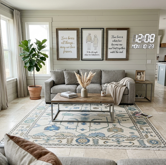 Handmade ivory and blue Oushak wool area rug with vintage floral pattern styled in a modern living room, ideal for farmhouse, traditional and transitional home decor.