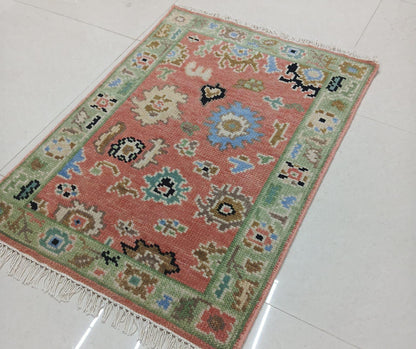 Hand-finished fringe detail of traditional Turkish Oushak wool rug