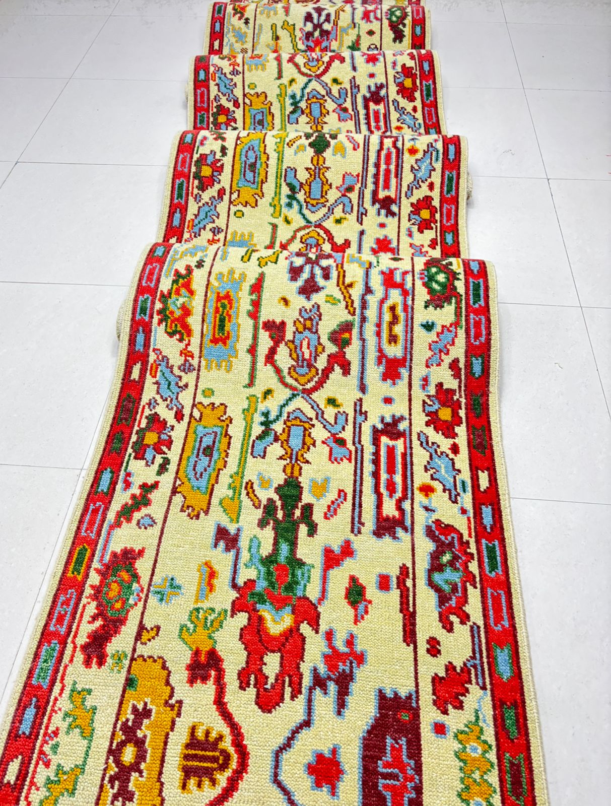 Vintage Oushak hallway runner rug featuring traditional Turkish geometric motifs