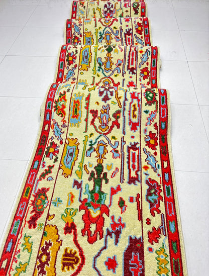 Vintage Oushak hallway runner rug featuring traditional Turkish geometric motifs