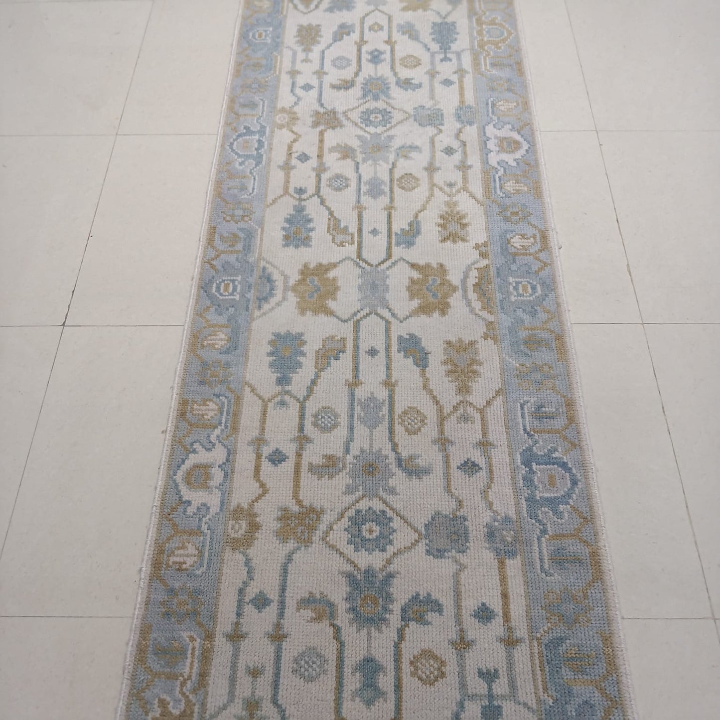 Ivory Light Blue & Beige Wool Hallway Runner