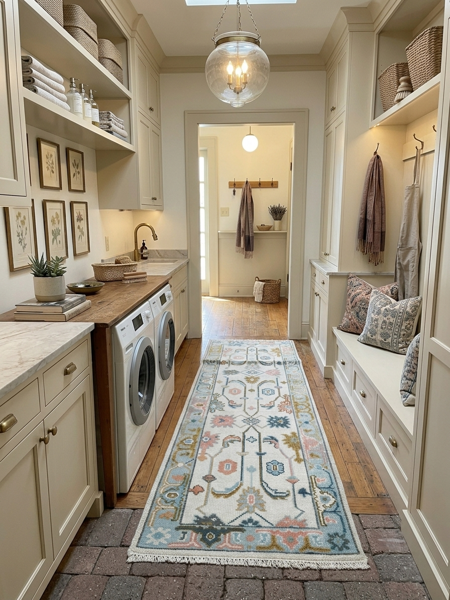 Handmade ivory Oushak runner rug styled in a laundry room with pastel floral motifs and a sky blue border, perfect for narrow spaces and hallways.