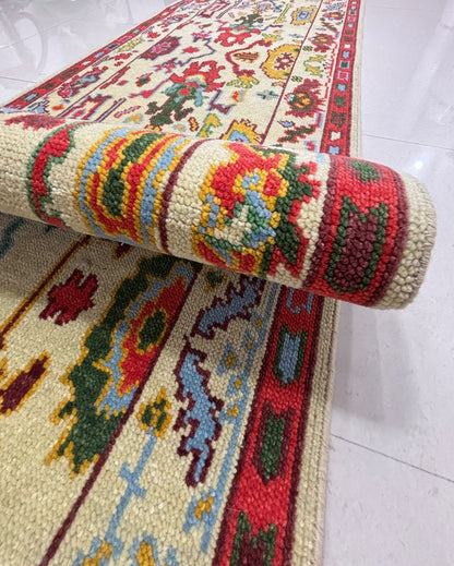 Close-up view of handmade Oushak runner rug showing detailed artisan craftsmanship