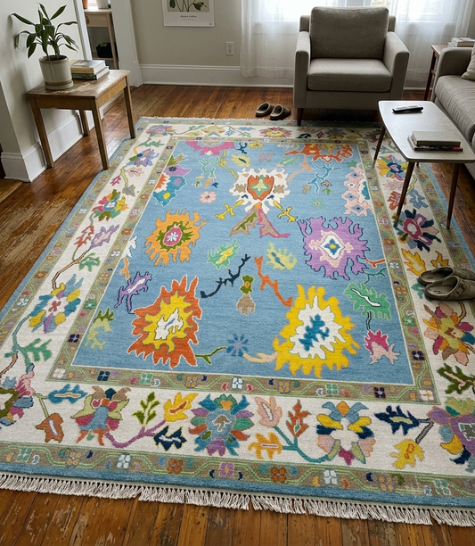 Handmade sky blue contemporary Oushak wool rug with colorful botanical motifs styled in a modern living room.
