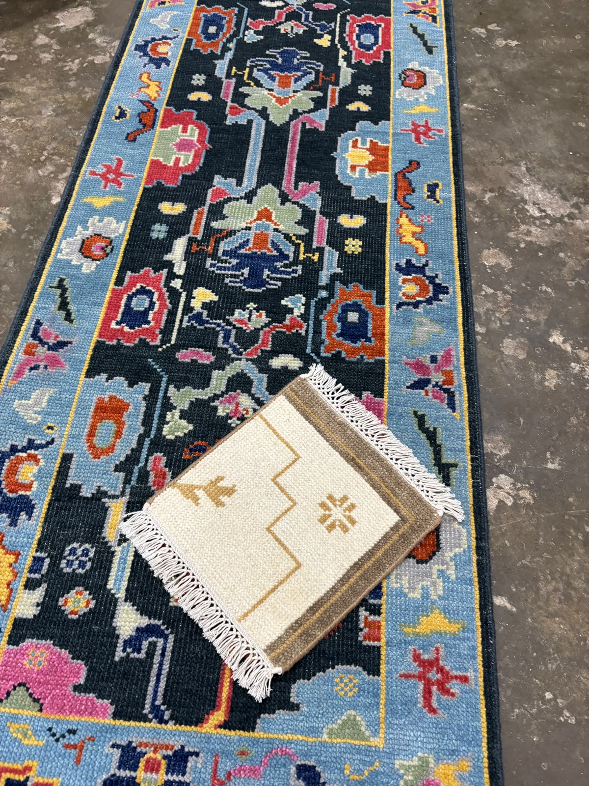 Black & Sky Blue Oushak Runner Rug